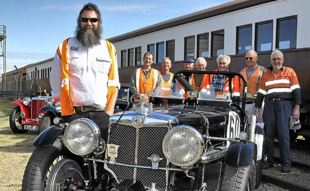 (From left) Ross Kelly, Peter Adams, Jeff Newey, Greg Newey, Bob Amos, John Davis, Murray Sondergeld and John Brady before the steam train cruised out to Goondiwindi, followed by the MGs at the weekend. (From left) Ross Kelly, Peter Adams, Jeff Newey, Greg Newey, Bob Amos, John Davis, Murray Sondergeld and John Brady before the steam train cruised out to Goondiwindi, followed by the MGs at the weekend.